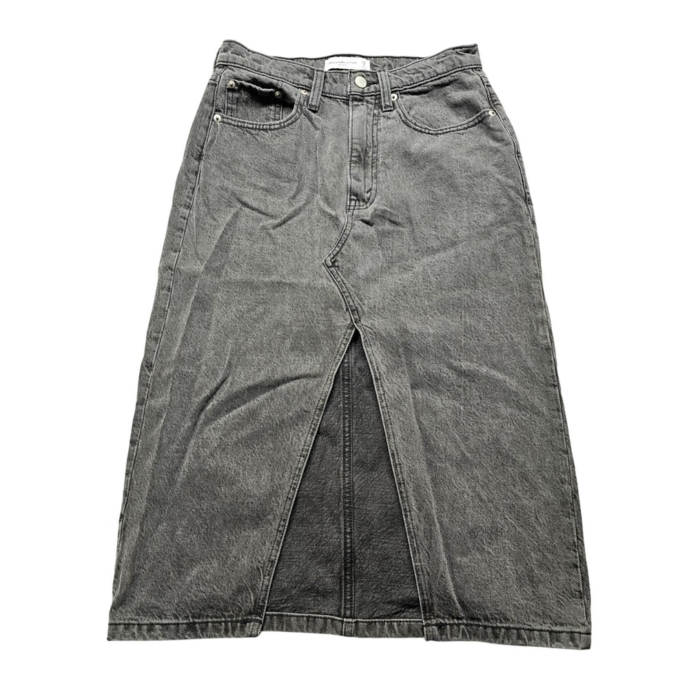 Abercrombie & Fitch High Rise Denim‎ Midi Skirt Washed Black Front Slit 26/2P